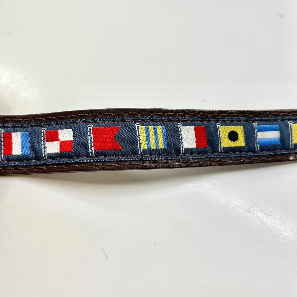 Vtg Pierre Carlini Mens Nautical Flag Blue Ribbon Brown Leather Belt Size 38 M